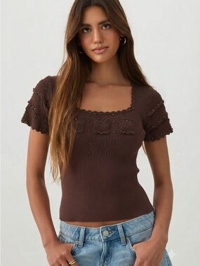 Nygard Collection Brown Ribbed Beaded Knit Top Short Sleeve Petites L Boho